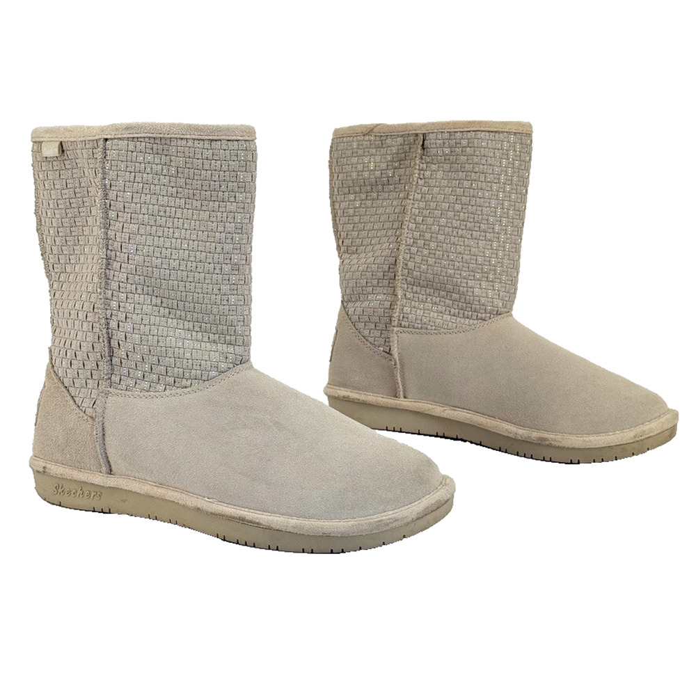 Skechers Australia Women US 8.5 Cream Silver Winter Leather Boots Style 48621